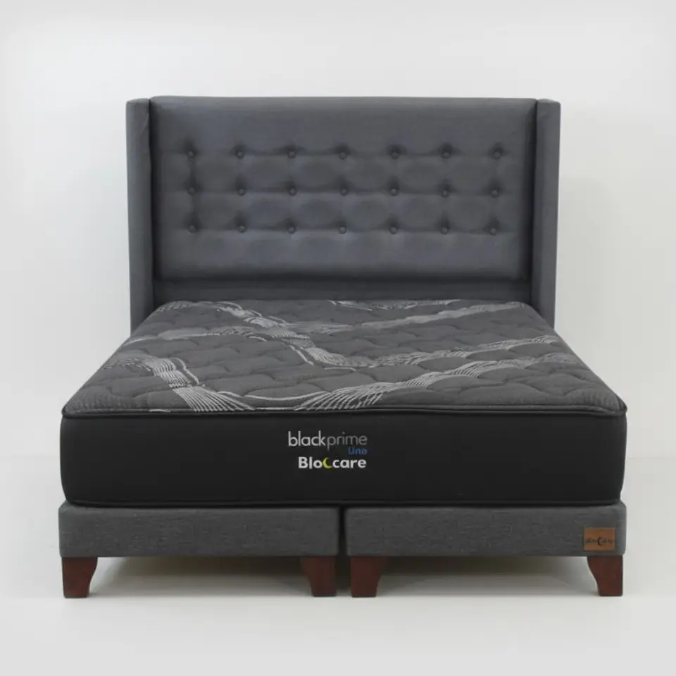 Cama 2 Plaza Box 13 cm + Colchon Black Prime - Modelo Uno + Respaldo / Con Patas De Madera (Gris) 4
