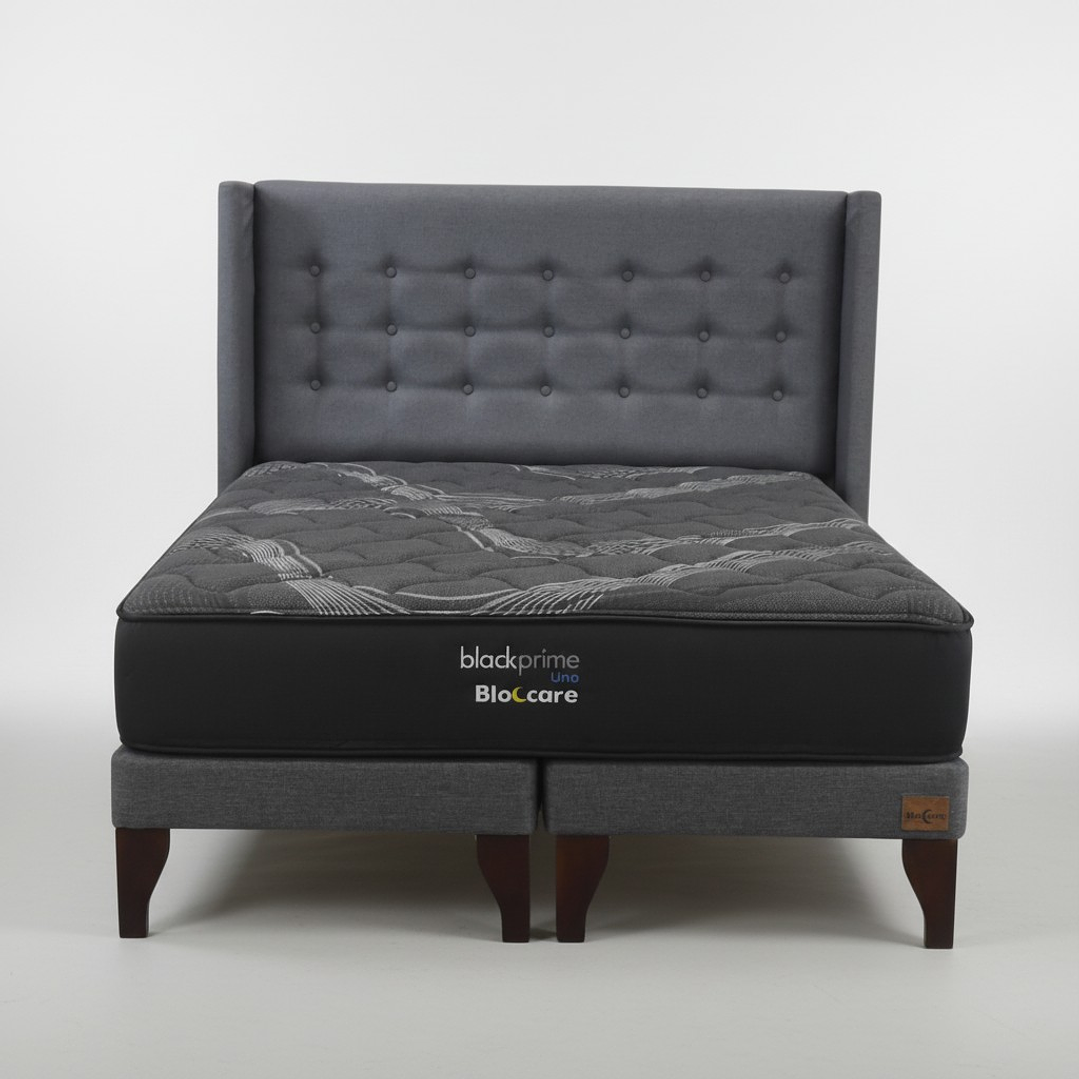Cama 2 Plaza Box 13 cm + Colchon Black Prime - Modelo Uno + Respaldo / Con Patas De Madera (Gris) 6