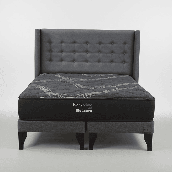 Cama 2 Plaza Box 13 cm + Colchon Black Prime - Modelo Uno + Respaldo / Con Patas De Madera (Gris) 6