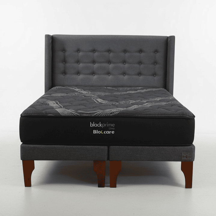 Cama 2 Plaza Box 13 cm + Colchon Black Prime - Modelo Uno + Respaldo / Con Patas De Madera (Gris) 8