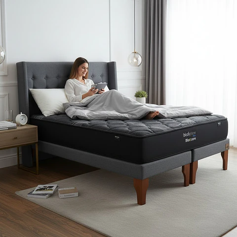 Cama King Box 13 cm + Colchon Black Prime - Modelo Uno + Respaldo / Con Patas De Madera (Gris)
