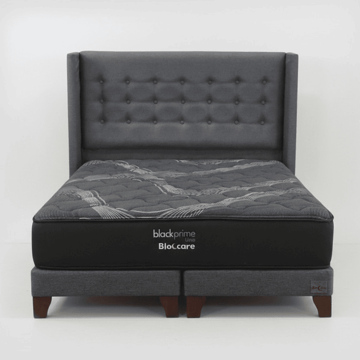 Cama King Box 13 cm + Colchon Black Prime - Modelo Uno + Respaldo / Con Patas De Madera (Gris) 4