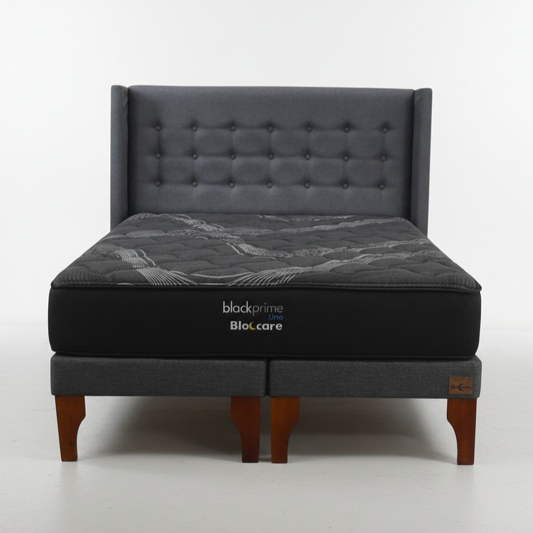Cama King Box 13 cm + Colchon Black Prime - Modelo Uno + Respaldo / Con Patas De Madera (Gris) 8
