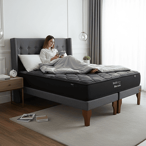 Cama Super King Box 13 cm + Colchon Black Prime - Modelo Uno + Respaldo / Con Patas De Madera (Gris)
