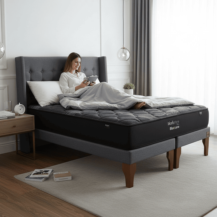 Cama Super King Box 13 cm + Colchon Black Prime - Modelo Uno + Respaldo / Con Patas De Madera (Gris) 1