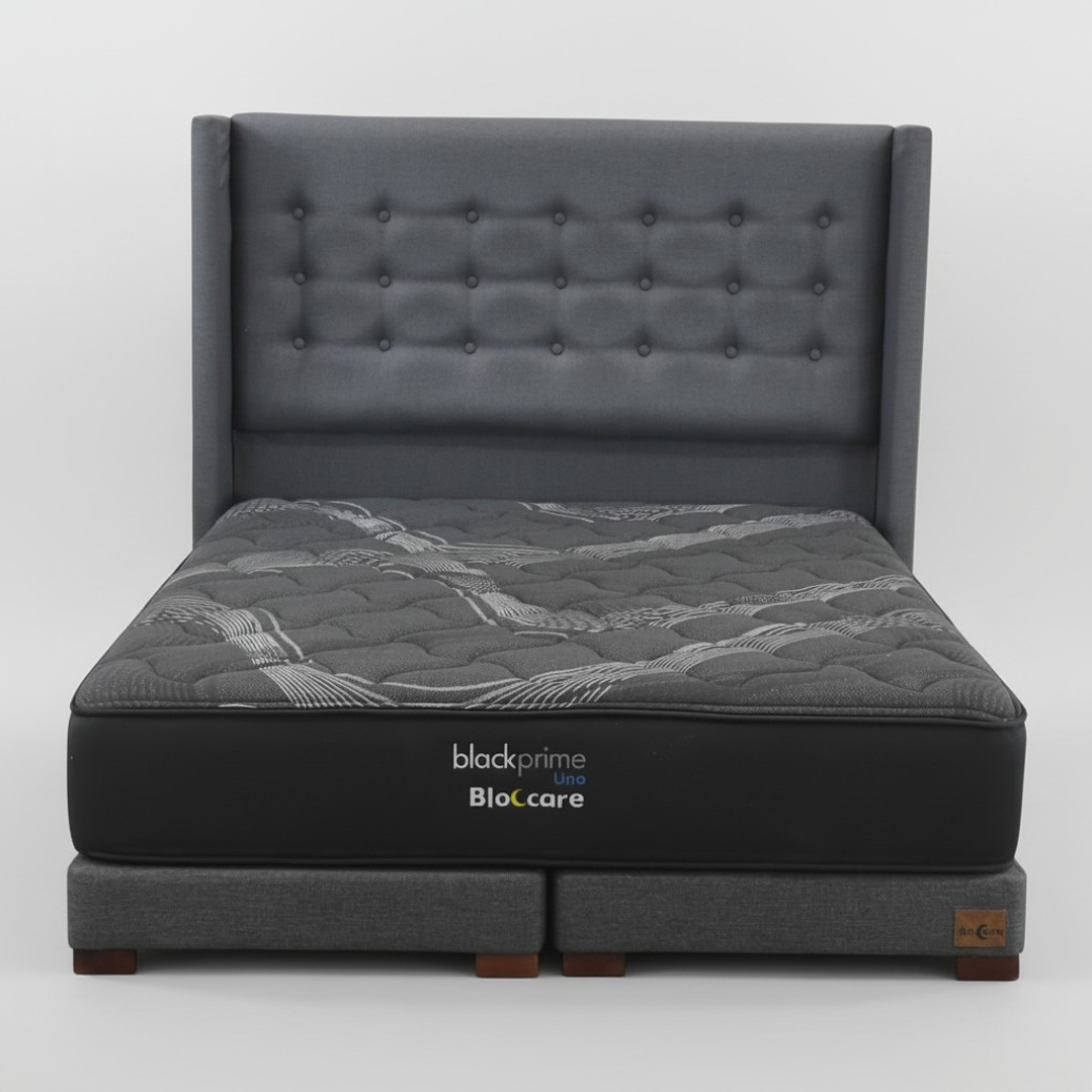 Cama Super King Box 13 cm + Colchon Black Prime - Modelo Uno + Respaldo / Con Patas De Madera (Gris) 2