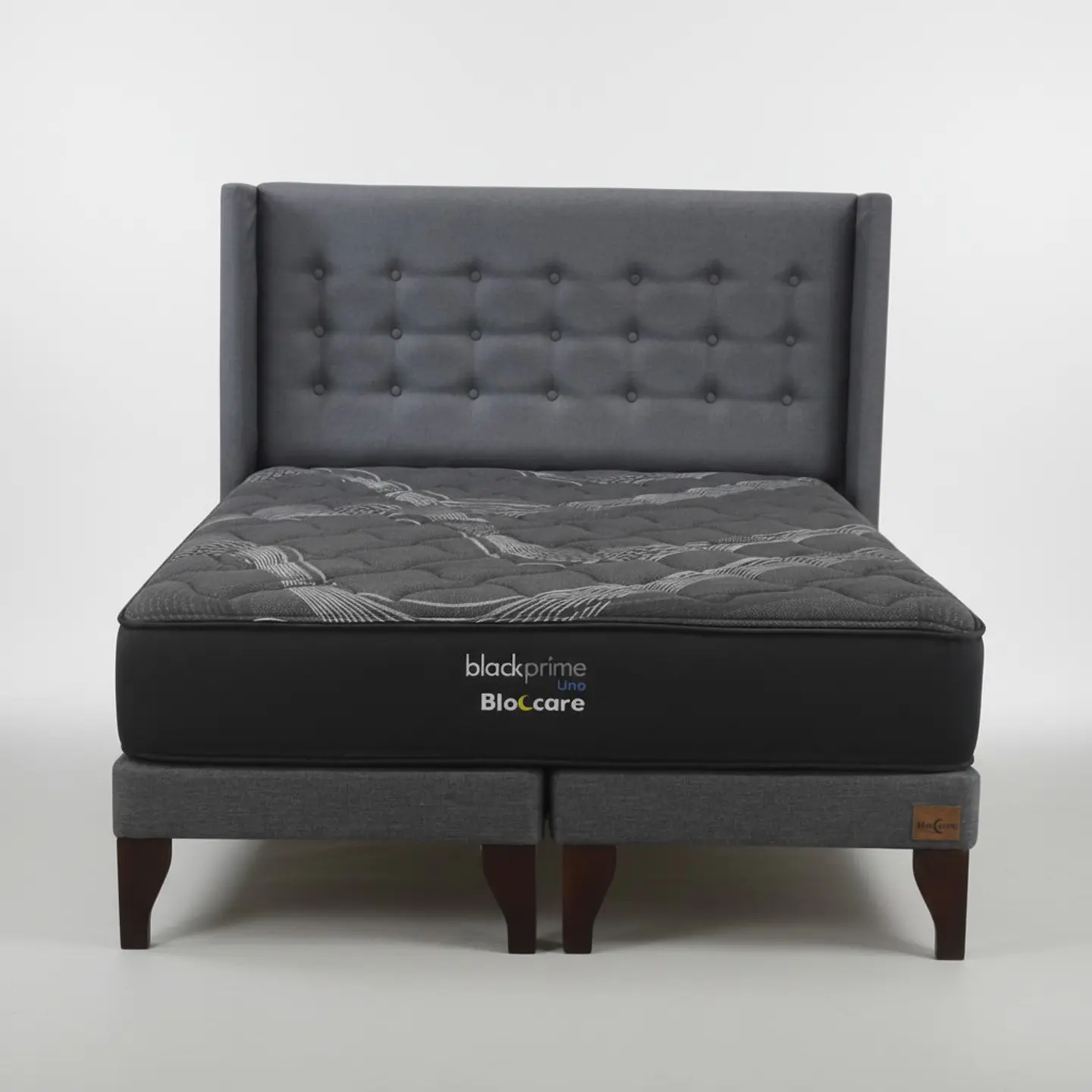Cama Super King Box 13 cm + Colchon Black Prime - Modelo Uno + Respaldo / Con Patas De Madera (Gris) 6