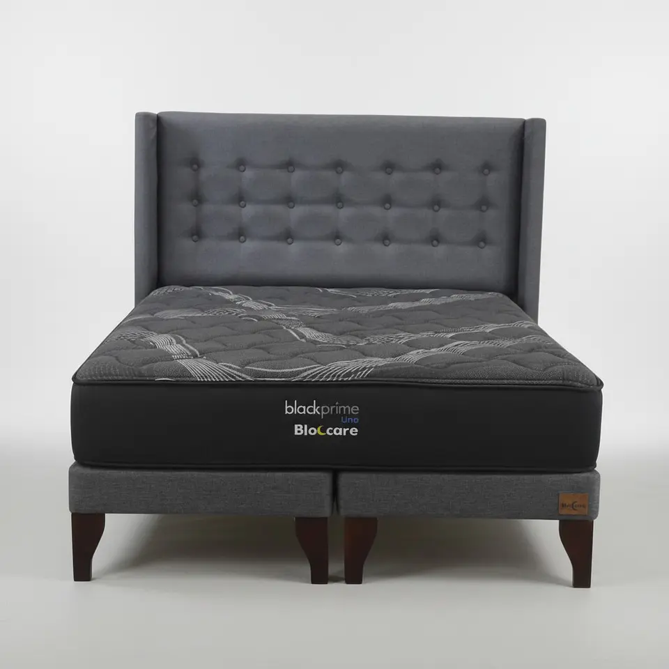 Cama Super King Box 13 cm + Colchon Black Prime - Modelo Uno + Respaldo / Con Patas De Madera (Gris) 6