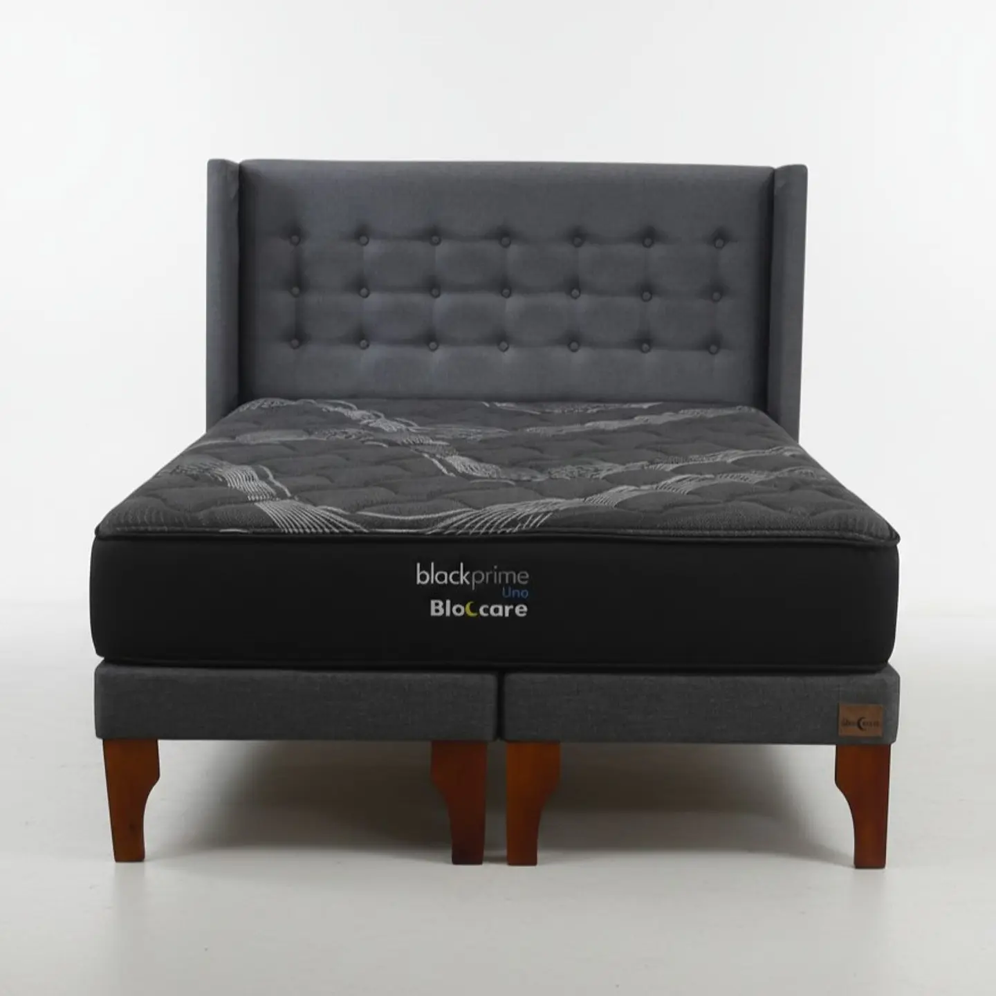 Cama Super King Box 13 cm + Colchon Black Prime - Modelo Uno + Respaldo / Con Patas De Madera (Gris) 8