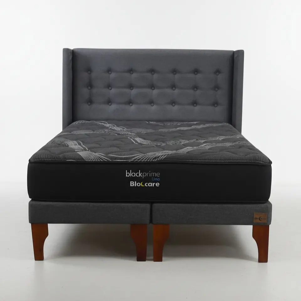 Cama Super King Box 13 cm + Colchon Black Prime - Modelo Uno + Respaldo / Con Patas De Madera (Gris) 8