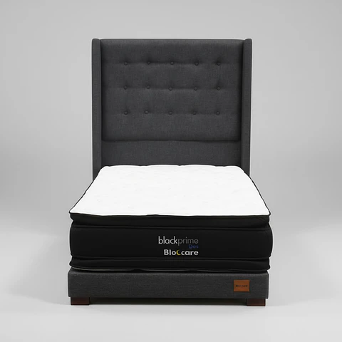 Cama 1.5 Plaza Box 13 cm + Colchon Black Prime - Modelo Dos + Respaldo / Con Patas De Madera (Gris)