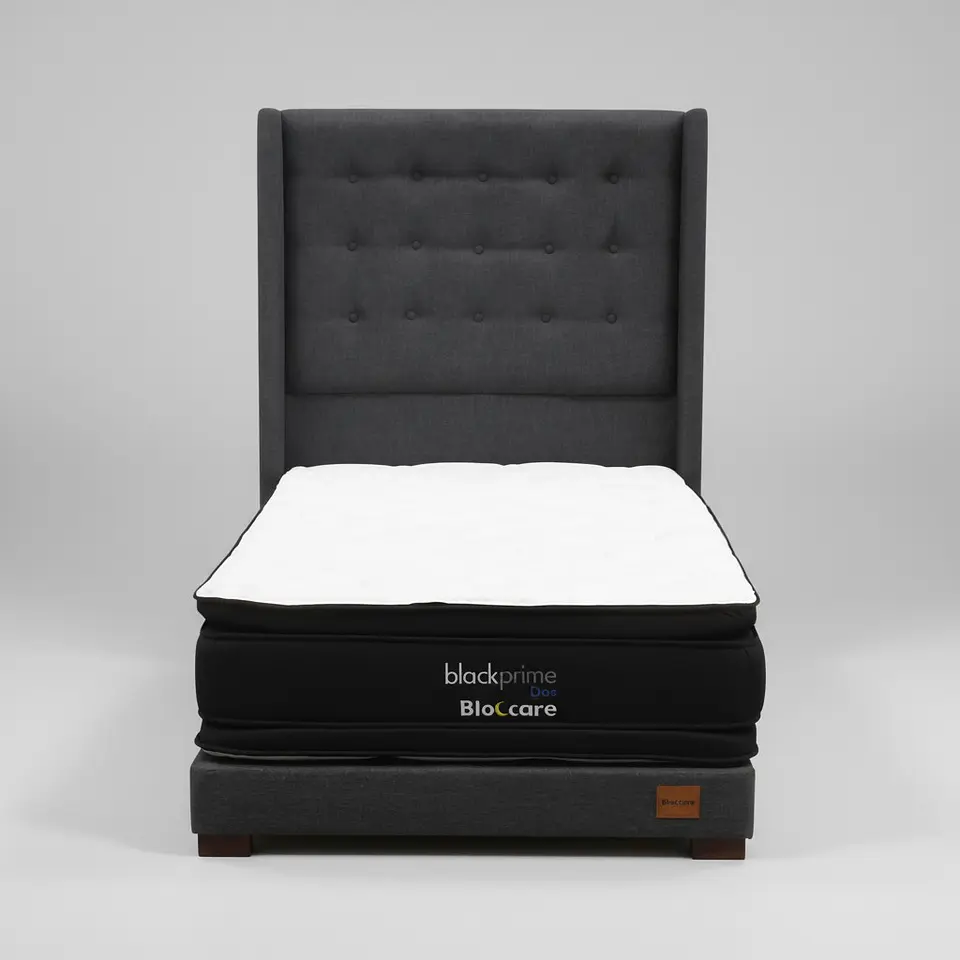 Cama 1.5 Plaza Box 13 cm + Colchon Black Prime - Modelo Dos + Respaldo / Con Patas De Madera (Gris) 2