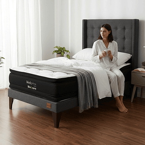 Cama 1.5 Plaza Box 13 cm + Colchon Black Prime - Modelo Dos + Respaldo / Con Patas De Madera (Gris)