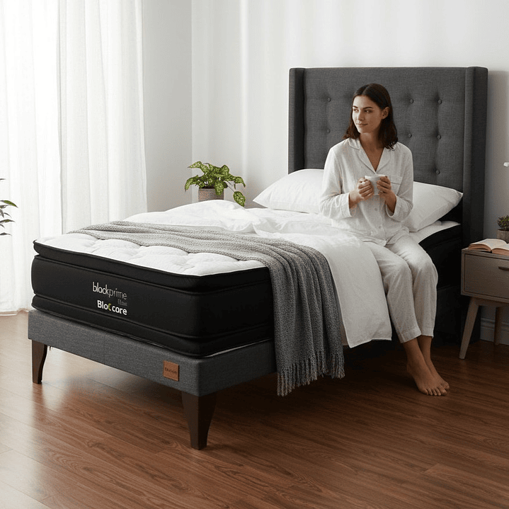 Cama 1.5 Plaza Box 13 cm + Colchon Black Prime - Modelo Dos + Respaldo / Con Patas De Madera (Gris) 1