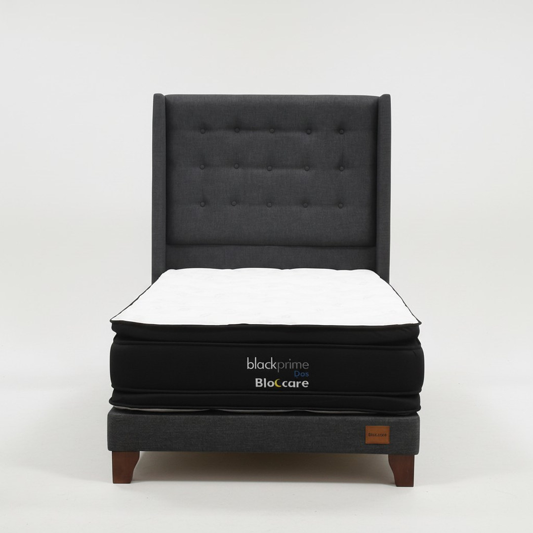 Cama 1.5 Plaza Box 13 cm + Colchon Black Prime - Modelo Dos + Respaldo / Con Patas De Madera (Gris) 4