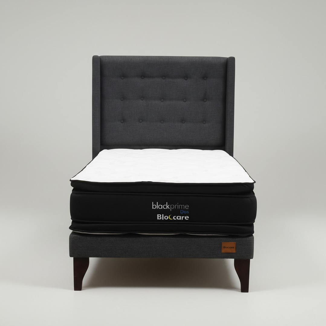 Cama 1.5 Plaza Box 13 cm + Colchon Black Prime - Modelo Dos + Respaldo / Con Patas De Madera (Gris) 6