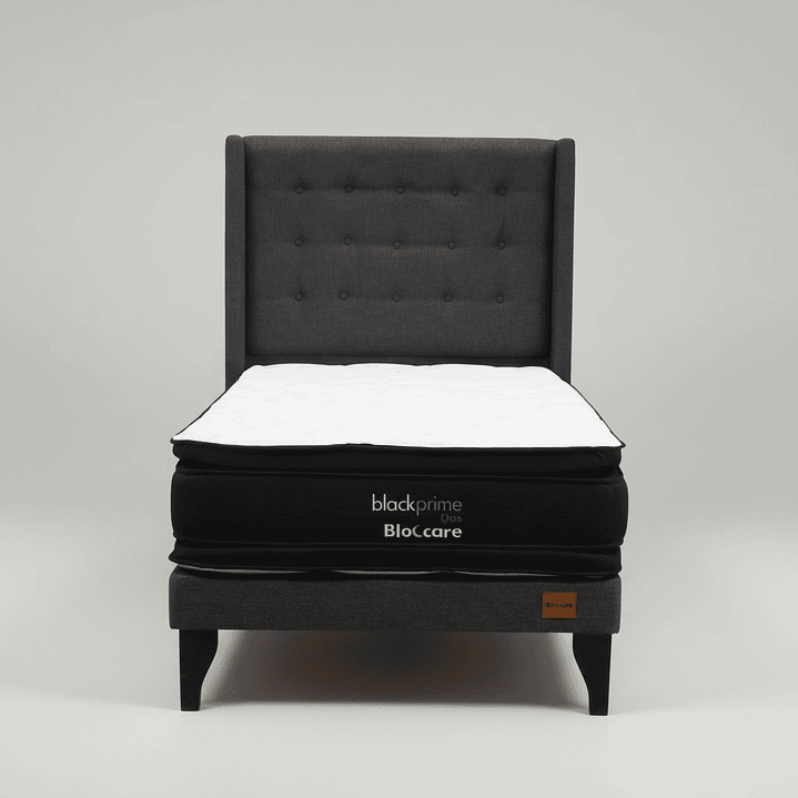 Cama 1.5 Plaza Box 13 cm + Colchon Black Prime - Modelo Dos + Respaldo / Con Patas De Madera (Gris) 6
