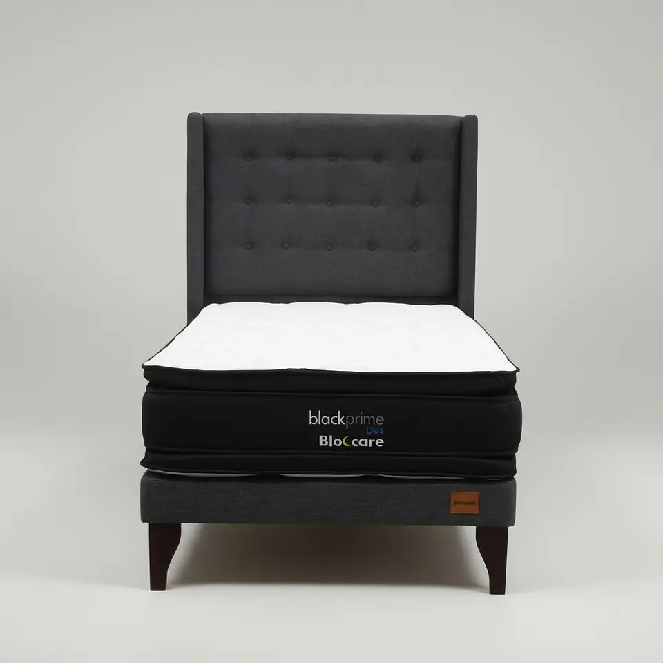 Cama 1.5 Plaza Box 13 cm + Colchon Black Prime - Modelo Dos + Respaldo / Con Patas De Madera (Gris) 6