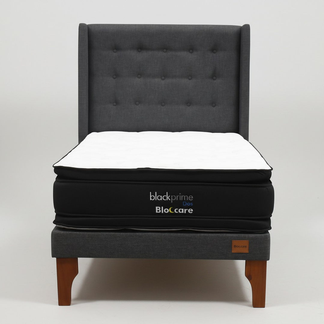Cama 1.5 Plaza Box 13 cm + Colchon Black Prime - Modelo Dos + Respaldo / Con Patas De Madera (Gris) 8