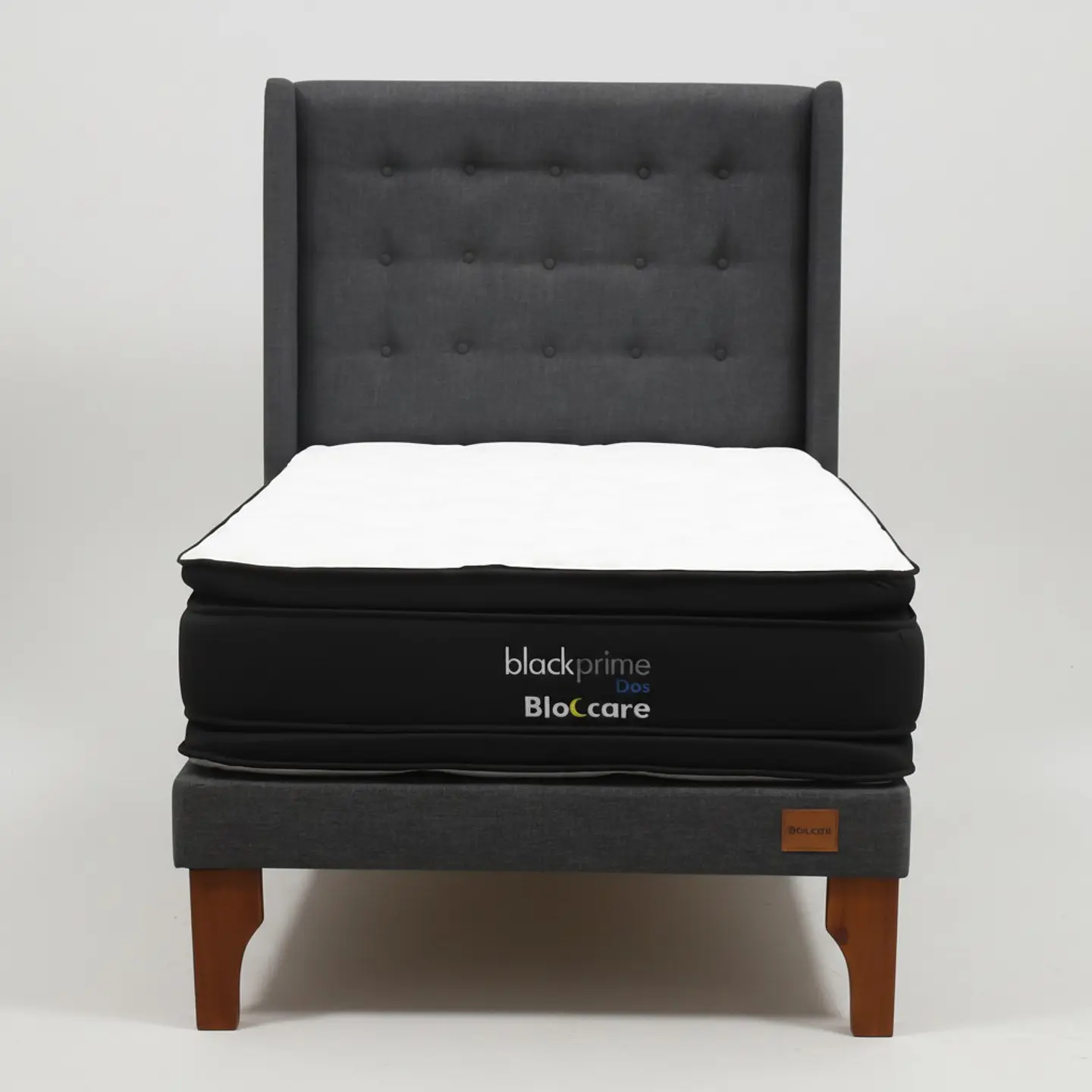 Cama 1.5 Plaza Box 13 cm + Colchon Black Prime - Modelo Dos + Respaldo / Con Patas De Madera (Gris) 8