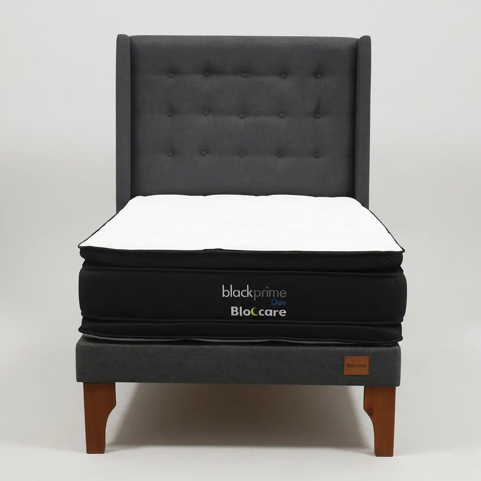 Cama 1.5 Plaza Box 13 cm + Colchon Black Prime - Modelo Dos + Respaldo / Con Patas De Madera (Gris) 8