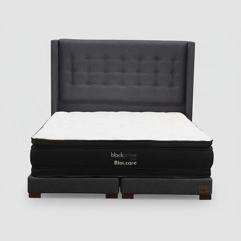 Cama 2 Plaza Box 13 cm + Colchon Black Prime - Modelo Dos + Respaldo / Con Patas De Madera (Gris)