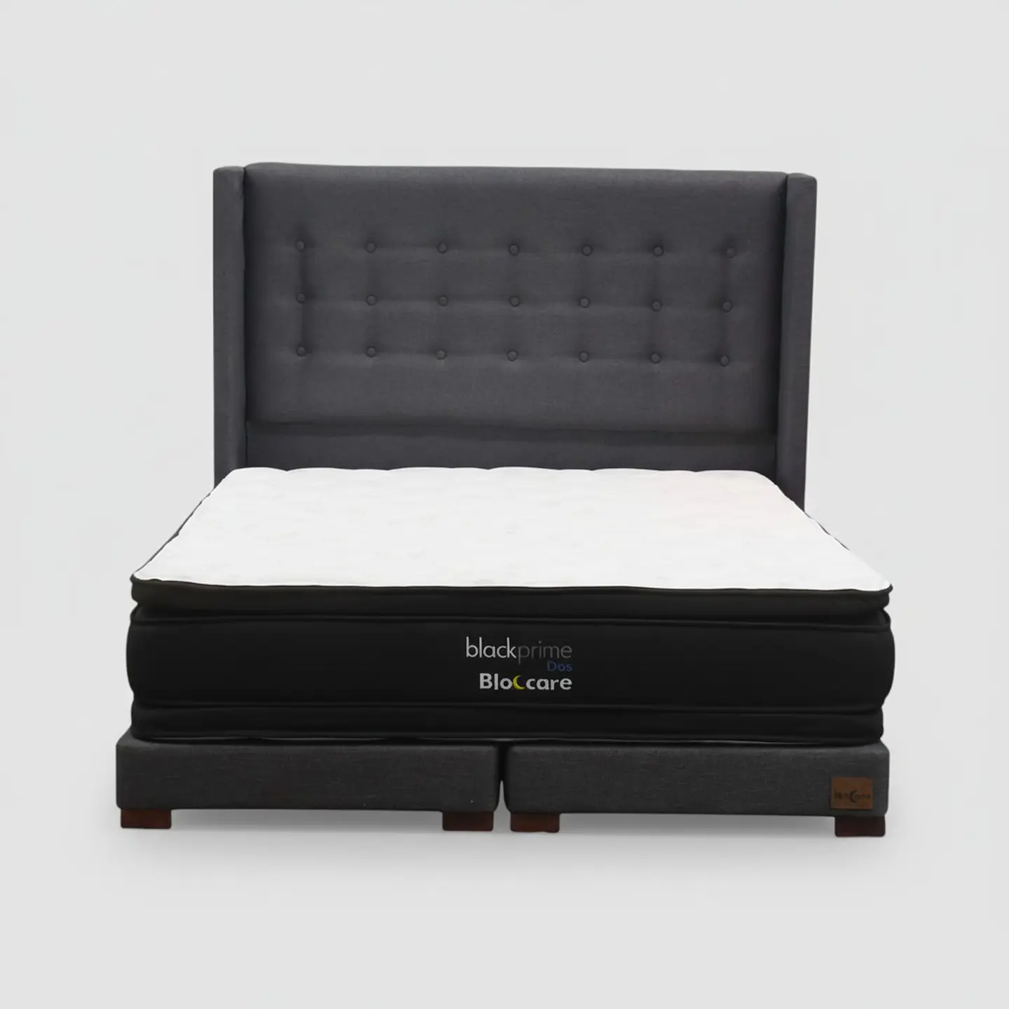 Cama 2 Plaza Box 13 cm + Colchon Black Prime - Modelo Dos + Respaldo / Con Patas De Madera (Gris) 2