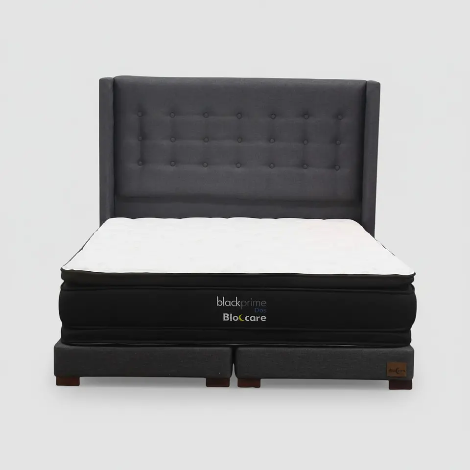 Cama 2 Plaza Box 13 cm + Colchon Black Prime - Modelo Dos + Respaldo / Con Patas De Madera (Gris) 2