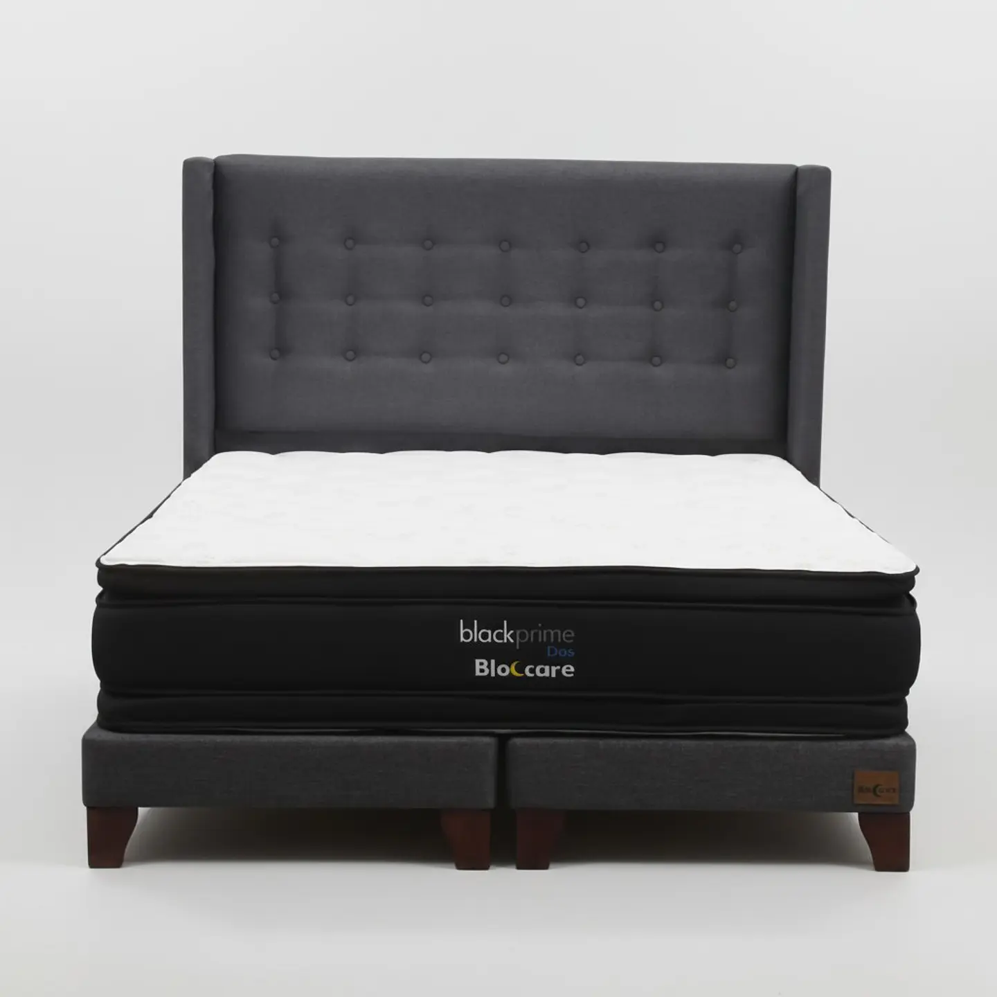 Cama 2 Plaza Box 13 cm + Colchon Black Prime - Modelo Dos + Respaldo / Con Patas De Madera (Gris) 4