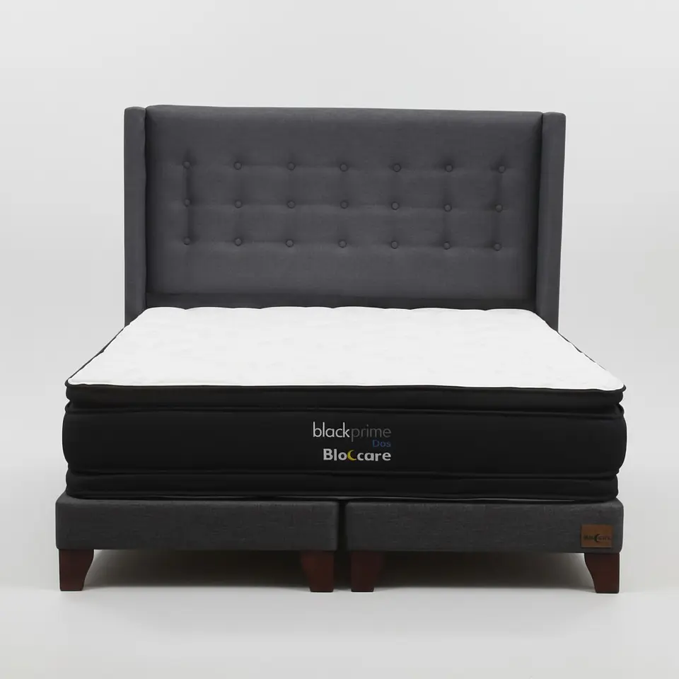 Cama 2 Plaza Box 13 cm + Colchon Black Prime - Modelo Dos + Respaldo / Con Patas De Madera (Gris) 4
