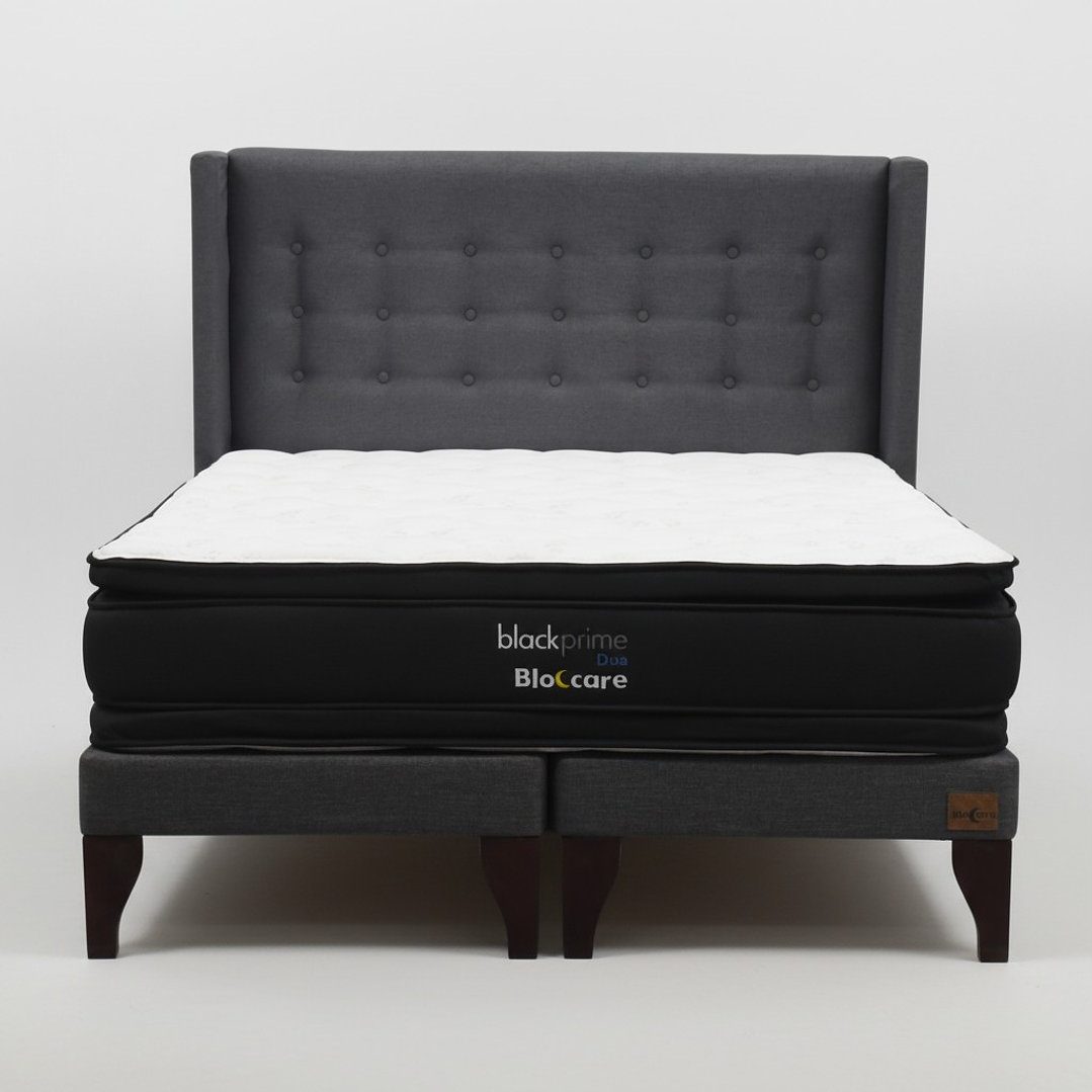 Cama 2 Plaza Box 13 cm + Colchon Black Prime - Modelo Dos + Respaldo / Con Patas De Madera (Gris) 6