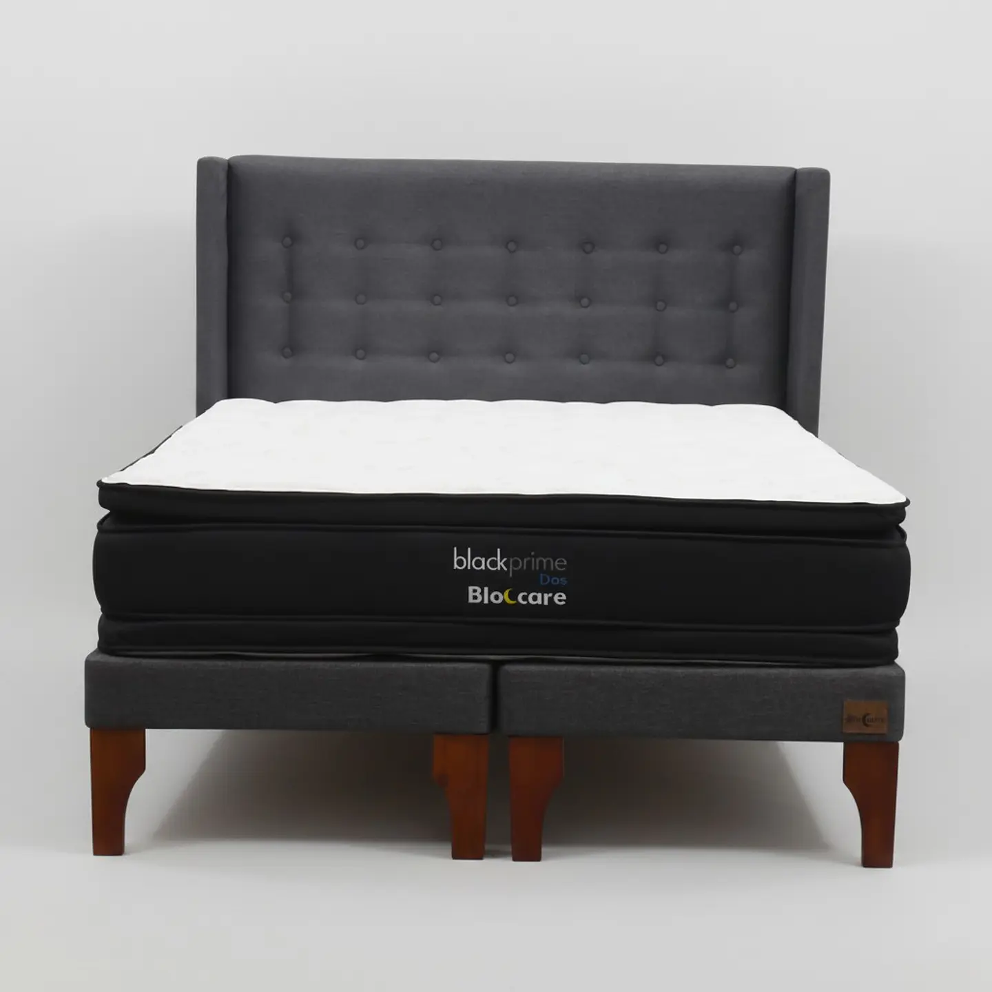 Cama 2 Plaza Box 13 cm + Colchon Black Prime - Modelo Dos + Respaldo / Con Patas De Madera (Gris) 8