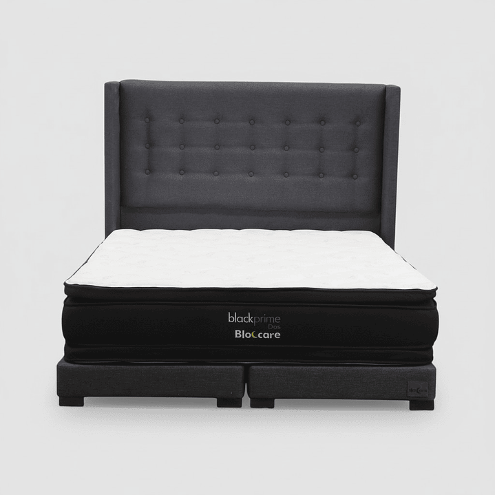 Cama King Box 13 cm + Colchon Black Prime - Modelo Dos + Respaldo / Con Patas De Madera (Gris) 2