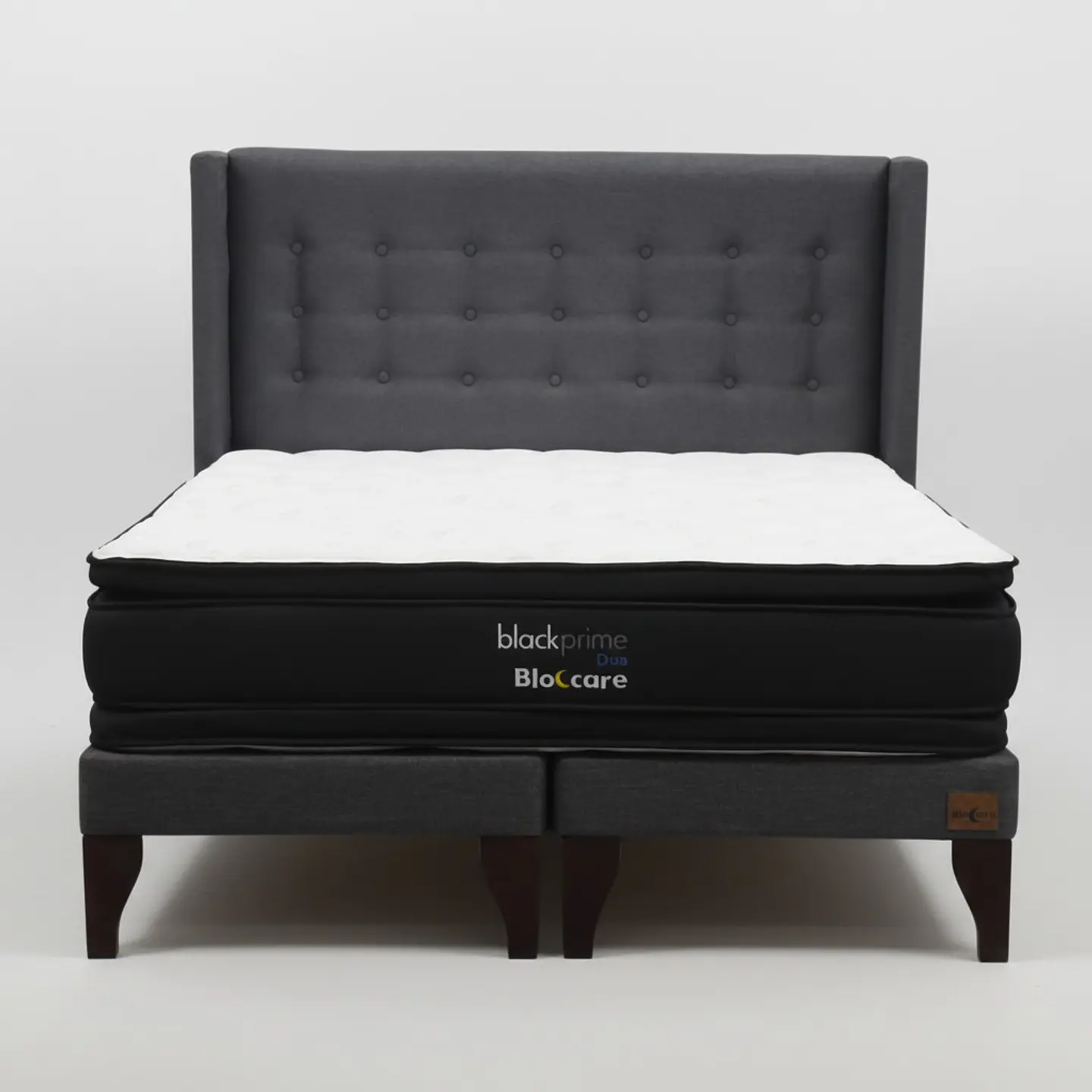 Cama King Box 13 cm + Colchon Black Prime - Modelo Dos + Respaldo / Con Patas De Madera (Gris) 6
