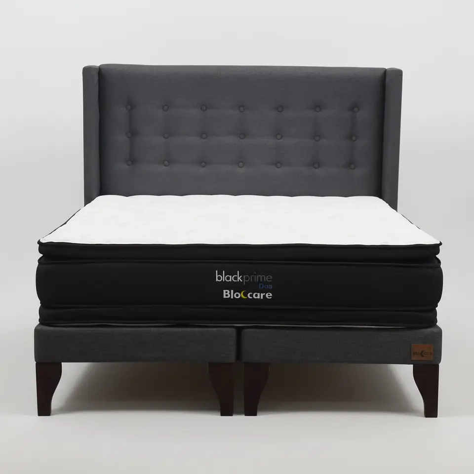 Cama King Box 13 cm + Colchon Black Prime - Modelo Dos + Respaldo / Con Patas De Madera (Gris) 6