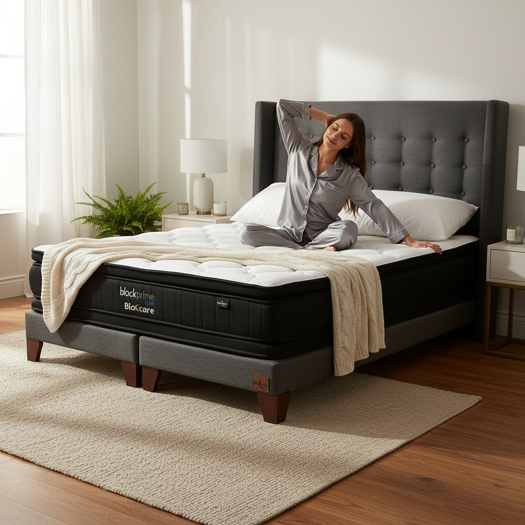 Cama Super King Box 13 cm + Colchon Black Prime - Modelo Dos + Respaldo / Con Patas De Madera (Gris) 1