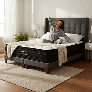 Cama Super King Box 13 cm + Colchon Black Prime - Modelo Dos + Respaldo / Con Patas De Madera (Gris)