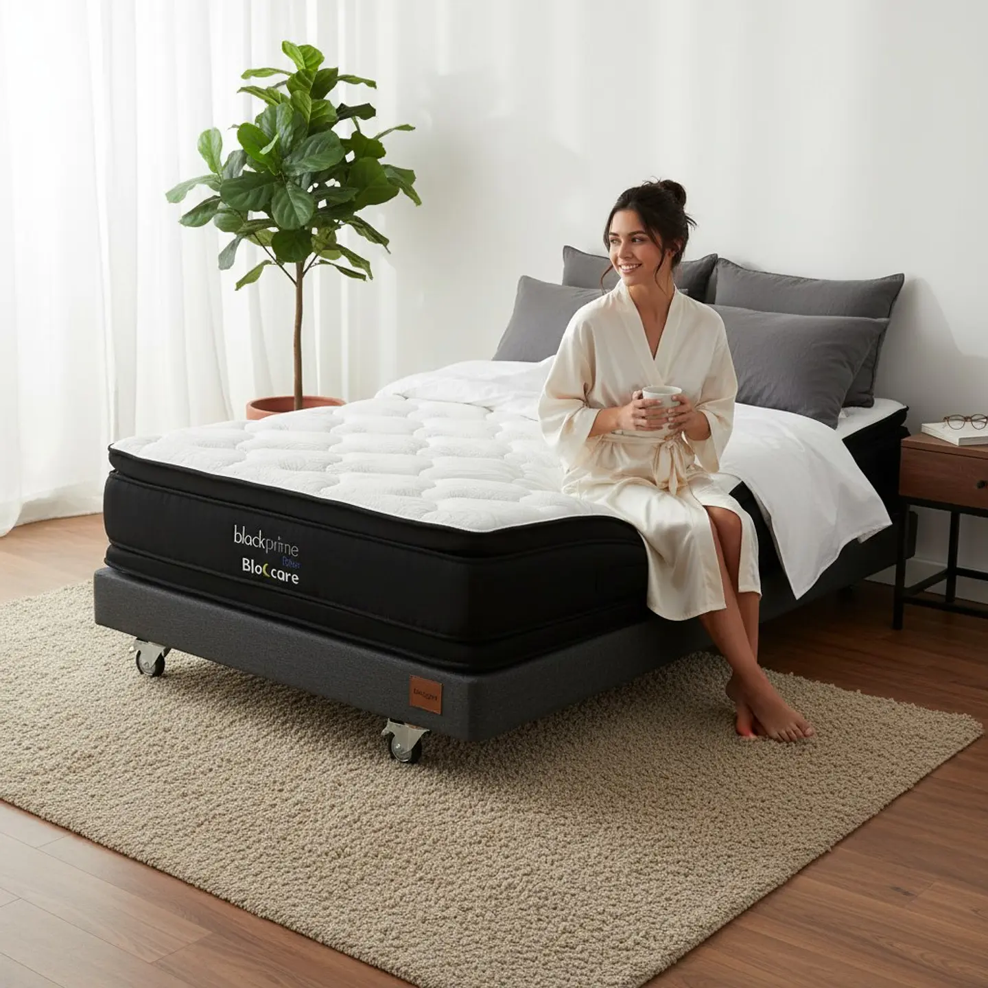 Cama 1.5 Plaza Box 13 cm + Colchon Black Prime - Modelo Dos - Ruedas A Eleccion (Gris) 1