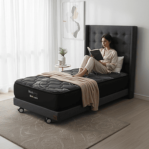 Cama 1 Plaza Box 13 cm + Colchon Black Prime - Modelo Uno+ Respaldo / Con Ruedas A Eleccion (Gris)