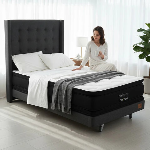 Cama 1.5 Plaza Box 13 cm + Colchon Black Prime - Modelo Dos + Respaldo / Con Ruedas A Eleccion (Gris)