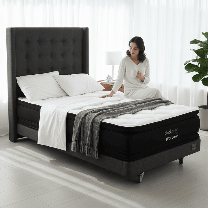 Cama 1.5 Plaza Box 13 cm + Colchon Black Prime - Modelo Dos + Respaldo / Con Ruedas A Eleccion (Gris) 1