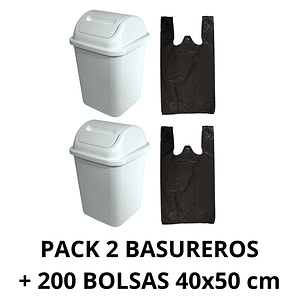 Pack 2 Basureros Plástico De 10 Litros + 2 Rollos 100 bolsas 40x50 cm