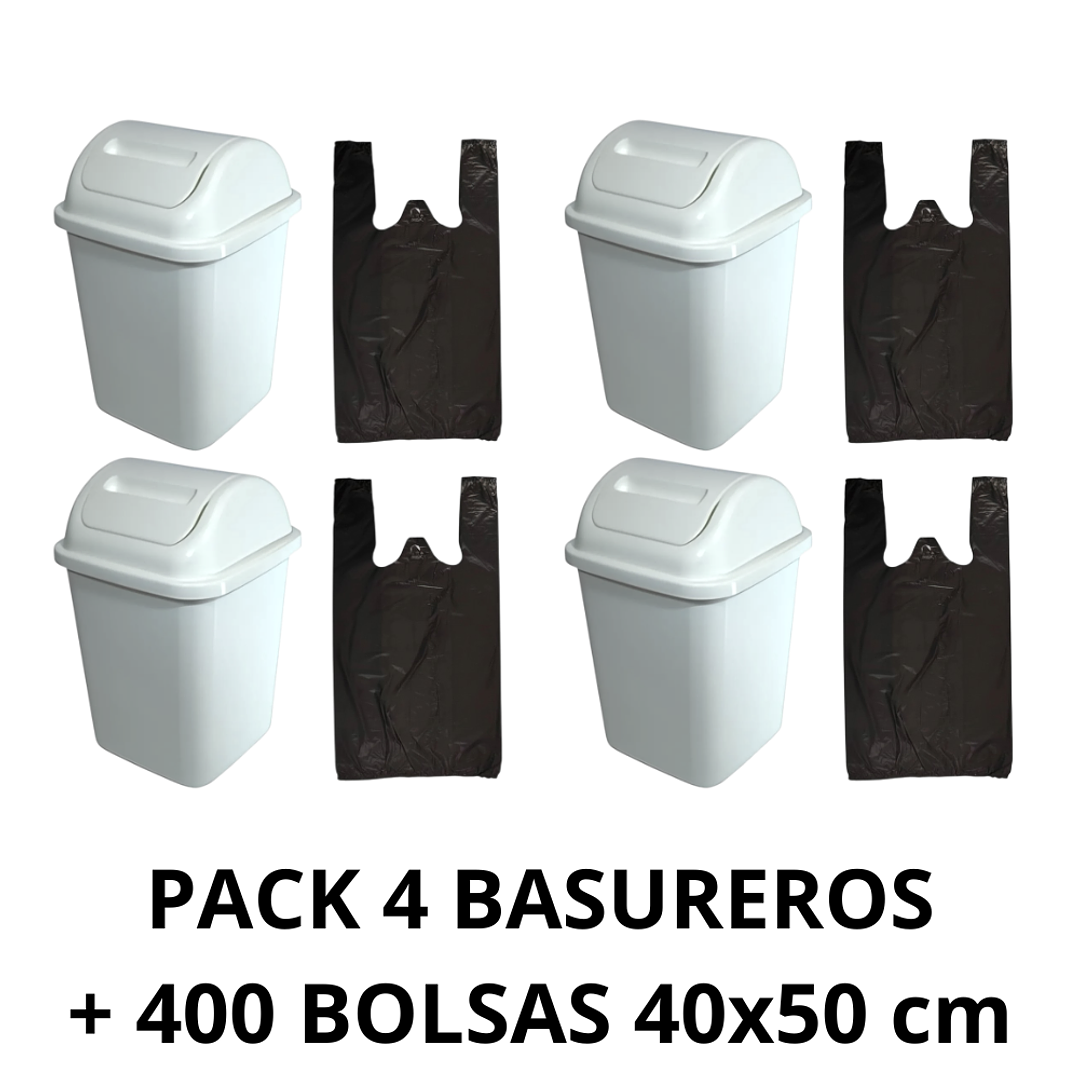 Pack 4 Basureros Plástico De 10 Litros + 4 Rollos 100 bolsas 40x50 cm 1