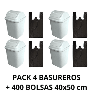 Pack 4 Basureros Plástico De 10 Litros + 4 Rollos 100 bolsas 40x50 cm