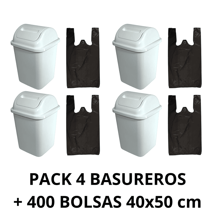 Pack 4 Basureros Plástico De 10 Litros + 4 Rollos 100 bolsas 40x50 cm 1