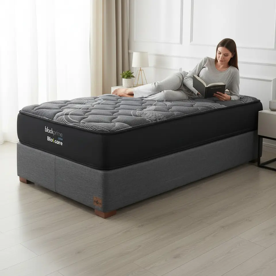 Cama 1 Plaza Box 30 cm + Colchon Black Prime - Modelo Uno / Con Patas De Madera (Gris) 1
