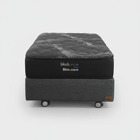 Cama 1 Plaza Box 30 cm + Colchon Black Prime - Modelo Uno- Ruedas A Eleccion (Gris)