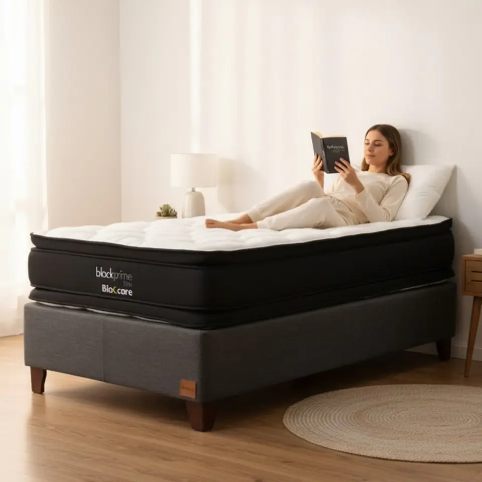 Cama 1.5 Plaza Box 30 cm + Colchon Black Prime - Modelo Dos - Patas De Madera (Gris) 1