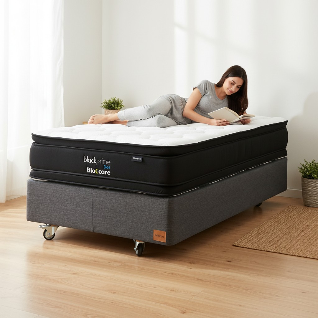 Cama 1.5 Plaza Box 30 cm + Colchon Black Prime - Modelo Dos - Ruedas A Eleccion (Gris) 1