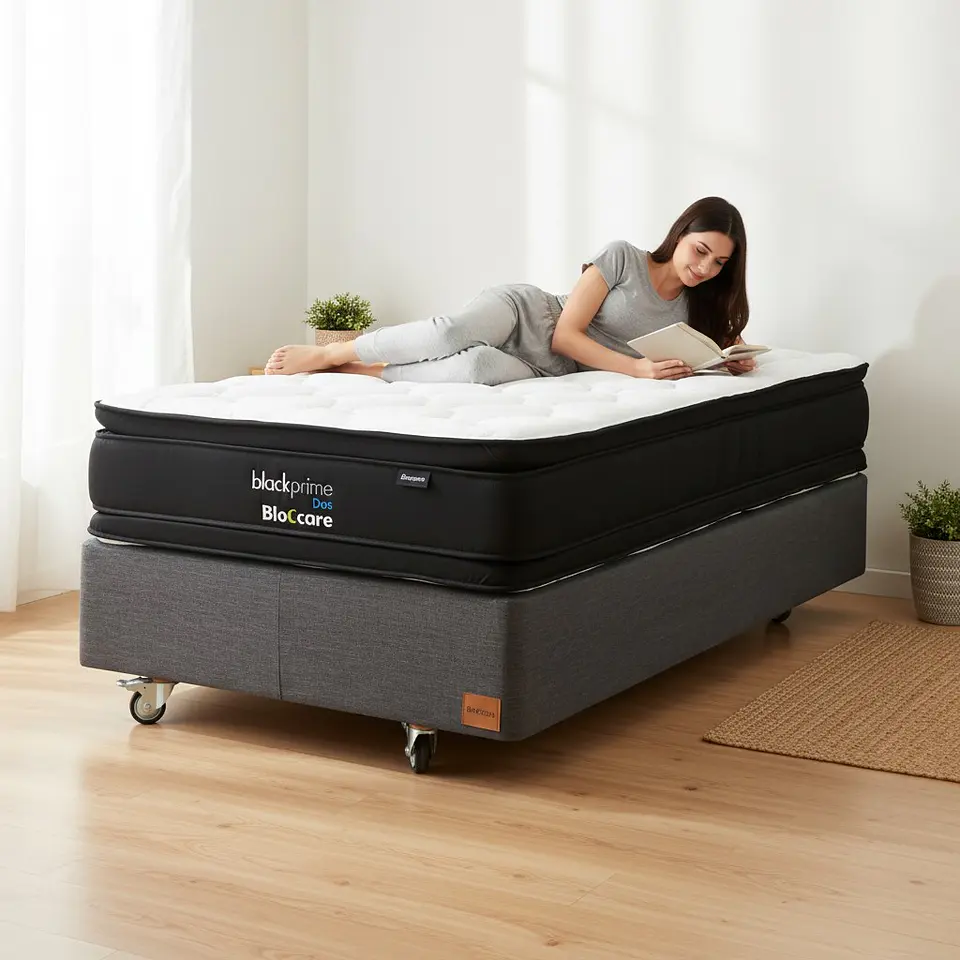 Cama 1.5 Plaza Box 30 cm + Colchon Black Prime - Modelo Dos - Ruedas A Eleccion (Gris) 1